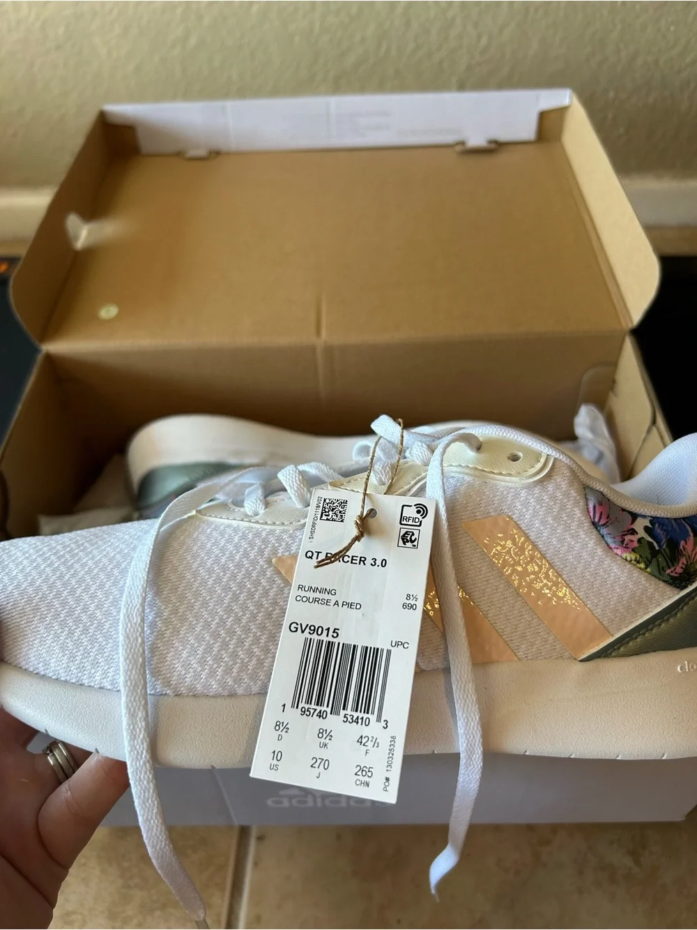 adidas Women’s White Sneakers with Pink Stripes & Floral Heel